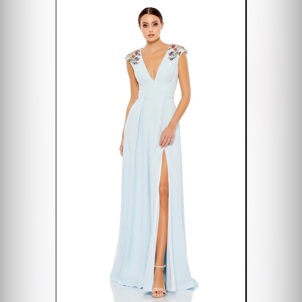 Ieena Mac Duggal Beaded Cap Sleeve High Slit Gown in Powder Blue
